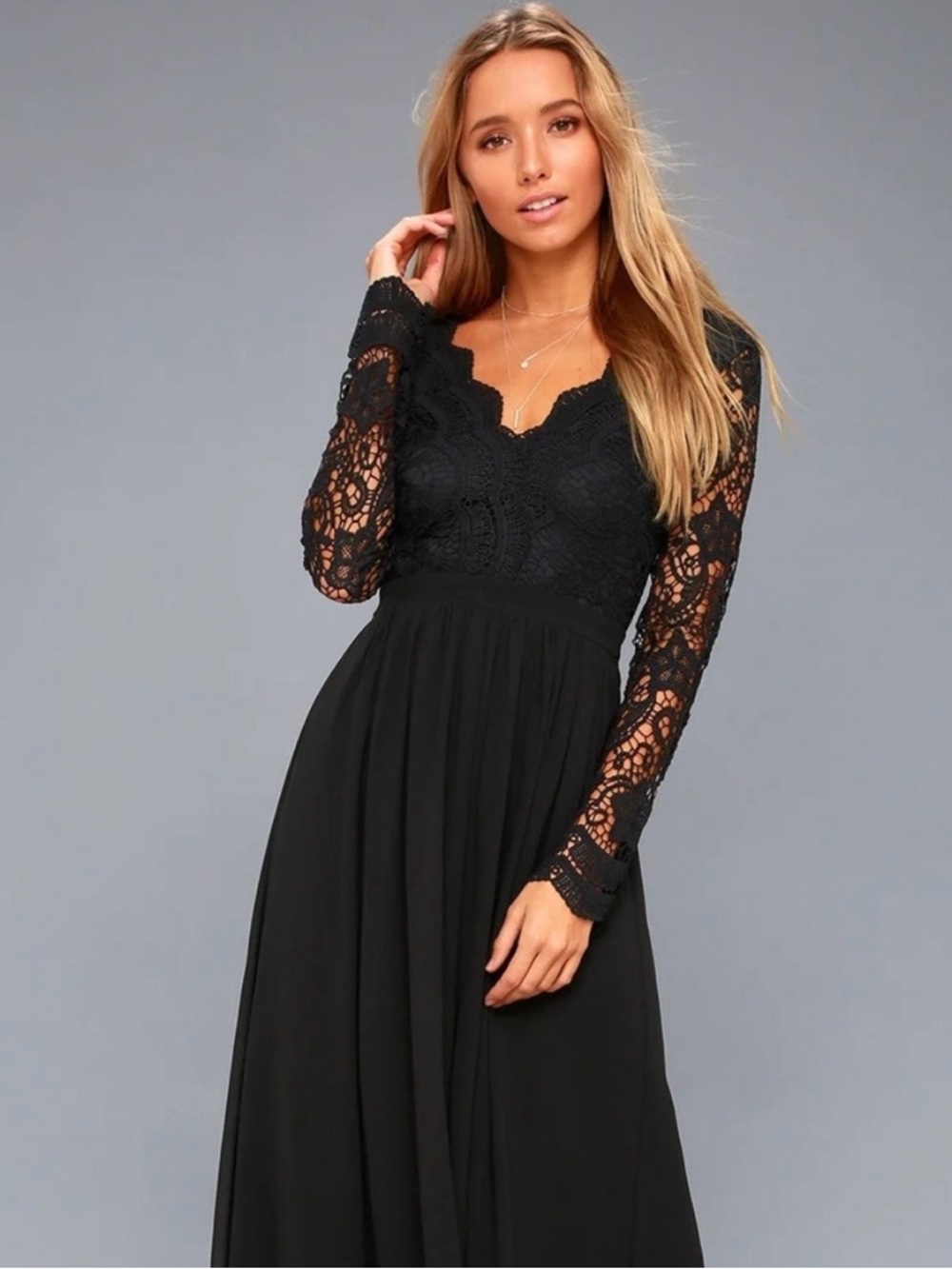 Lulu's Awaken My Love Black Lace Long-Sleeve Maxi Dress
